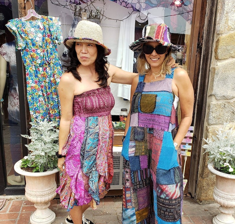 WOODSTOCK Patchwork Wide Leg Hippie Bib Overalls Jumpsuit Festival Funky image 6