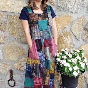 WOODSTOCK Patchwork Wide Leg Hippie Bib Overalls Jumpsuit Festival Funky image 4
