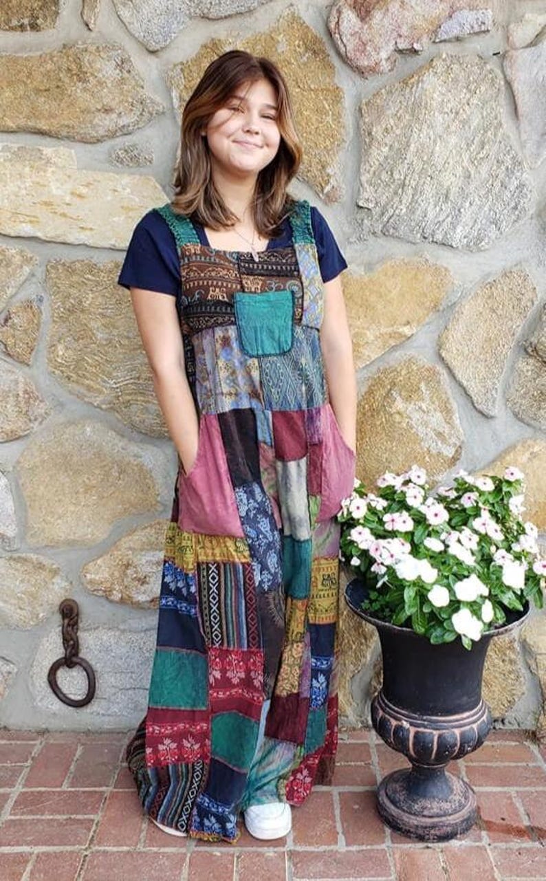 WOODSTOCK Patchwork Wide Leg Hippie Bib Overalls Jumpsuit Festival Funky image 4