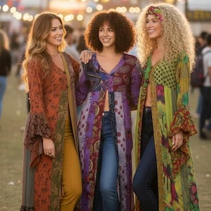 May include: Three women wearing colorful, patterned, long-sleeved dresses. The dresses feature floral and paisley designs in shades of orange, purple, and green. They are standing in front of a blurred background with string lights.