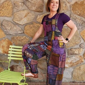 WOODSTOCK Patchwork Wide Leg Hippie Bib Overalls Jumpsuit Festival Funky image 5