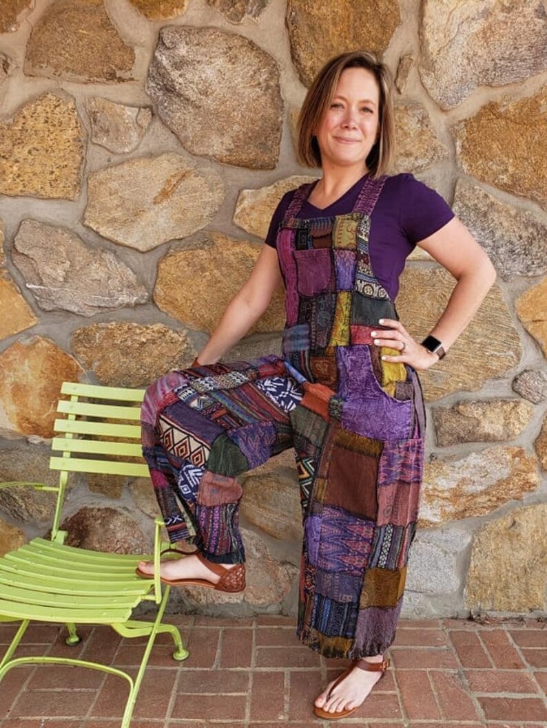 WOODSTOCK Patchwork Wide Leg Hippie Bib Overalls Jumpsuit Festival Funky image 5