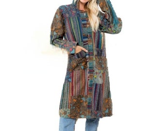 LABELLE Mushroom Patchwork Hooded Long Jacket Hippie Funky