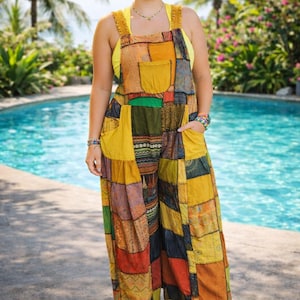 WOODSTOCK Patchwork Wide Leg Hippie Bib Overalls Jumpsuit Festival Funky image 2