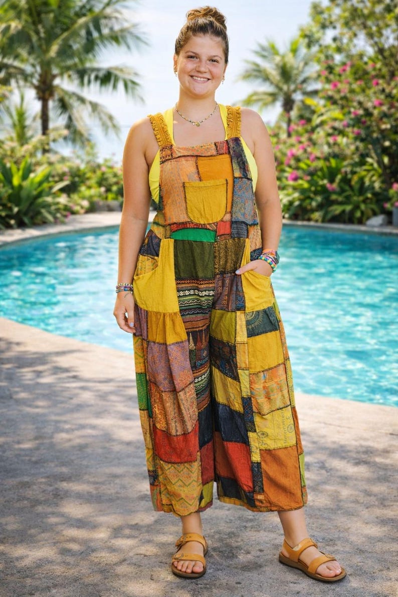 WOODSTOCK Patchwork Wide Leg Hippie Bib Overalls Jumpsuit Festival Funky image 2