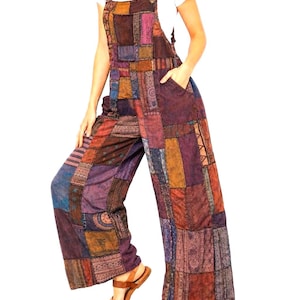 WOODSTOCK Patchwork Wide Leg Hippie Bib Overalls Jumpsuit Festival Funky image 1