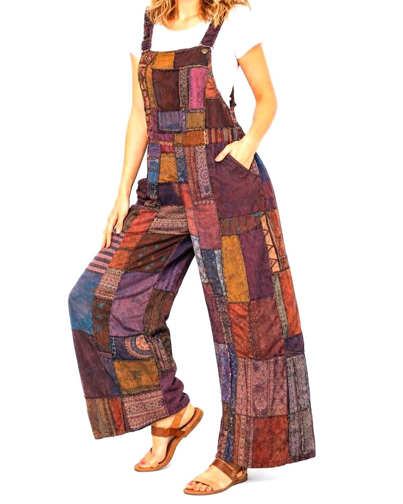 WOODSTOCK Patchwork Wide Leg Hippie Bib Overalls Jumpsuit Festival Funky image 1