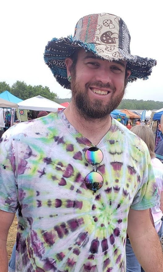 HEMP HAT Unisex Patchwork W/ Mushrooms Fringe Wire Rim Funky  display picture 1