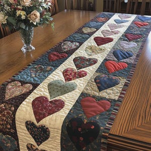 Peut inclure: Un long chemin de table matelassé rectangulaire présentant une bande centrale de couleur crème ornée d'une rangée verticale de cœurs en tissu aux motifs floraux et unis variés, bordée de panneaux latéraux de patchs en forme de cœurs bleu foncé.