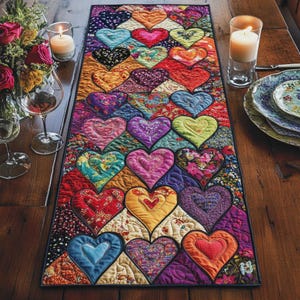 May include: A rectangular quilted table runner featuring a repeating pattern of multi-colored fabric hearts in various shades of red, blue, yellow, purple, and green, with intricate stitching details and a dark border on a wooden surface.