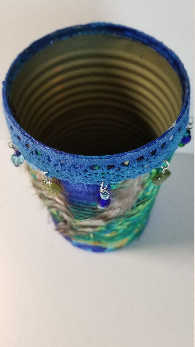 Decorative Altered Metal Canister Decoupaged Painted and Decorated Peacock