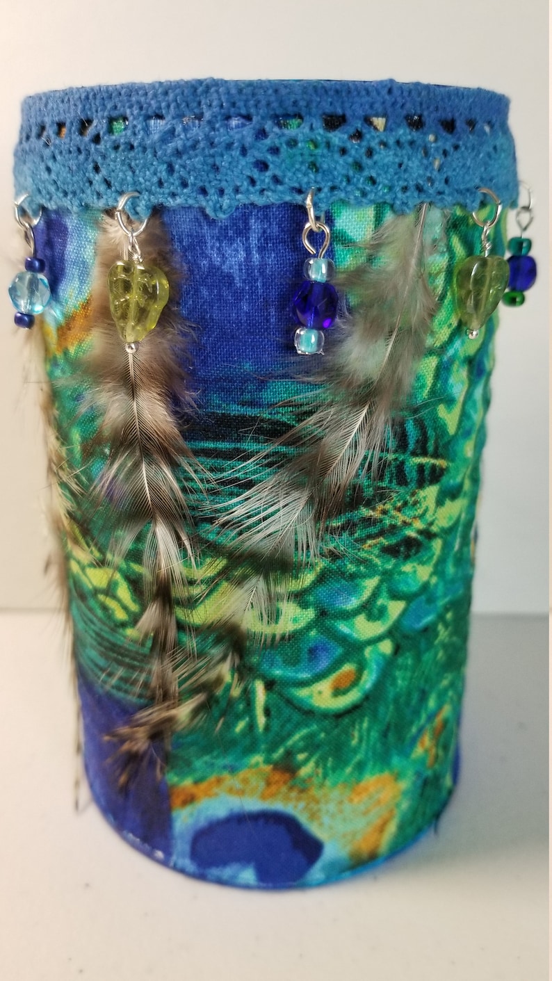 Decorative Altered Metal Canister Decoupaged Painted and Decorated Peacock