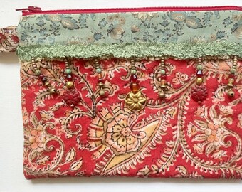 Handcrafted Large Patchwork Pouch, Hand-Stitched and Beaded