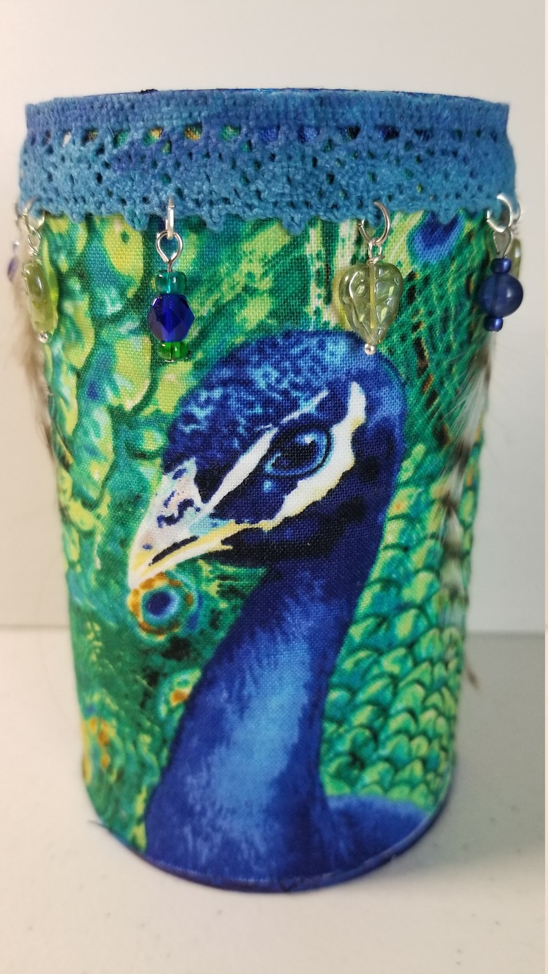 Decorative Altered Metal Canister Decoupaged Painted and Decorated Peacock