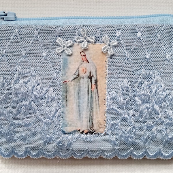 Handcrafted Rosary Jewelry Keepsake Gift Pouch, Blue Silk and Lace