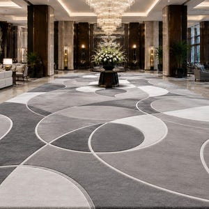 Luxury Hotel Lobby Area Rug, Modern Geometric Circle Carpet, Contemporary Gray White Statement Rug, Custom Hospitality Flooring, High-End