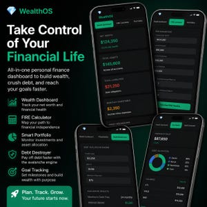 May include: Four smartphones displaying the WealthOS app interface. The app features a financial dashboard, FIRE calculator, portfolio tracker, and debt destroyer. Text on the screen shows net worth, assets, liabilities, and investment details.