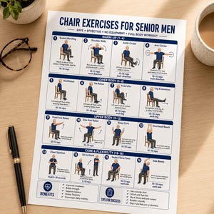 Senior Men Chair Exercises, Full Body Workout, Printable Guide (No Equipment)