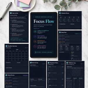 May include: A digital daily planner titled "Focus Flow" for ADHD executive function, with a dark blue and white design. The planner includes sections for weekly focus, daily plans, and a wellness log. Also included are sticky notes and a pen.