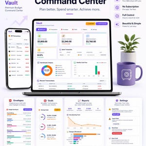 Op de afbeelding: Promotieafbeelding voor de "Vault Budget Command Center" app, met de functies op een laptop en smartphone. De app-interface toont financiële gegevens, grafieken en een paarse mok met een kluis-icoon. De tekst belooft betere planning.