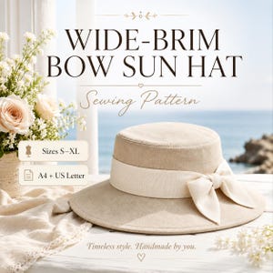 May include: A beige wide-brim sun hat with a cream-colored ribbon bow. The image features text reading WIDE-BRIM BOW SUN HAT Sewing Pattern, Sizes S-XL, A4 + US Letter, and Timeless style. Handmade by you. The hat is set against a coastal backdrop.
