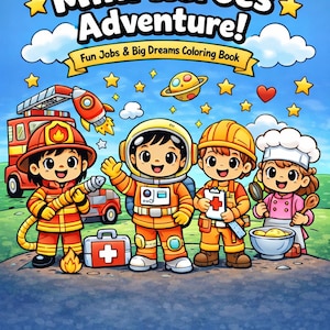 Könnte beinhalten: Kinder-Malbuch-Cover mit dem Titel "Mini Heroes Adventure!" mit Cartoon-Illustrationen eines Feuerwehrmanns, eines Astronauten, eines Bauarbeiters und eines Kochs. Der Hintergrund umfasst eine Rakete, ein Feuerwehrauto und Sterne.