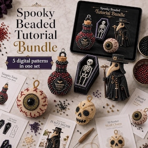 May include: A Spooky Beaded Tutorial Bundle featuring five digital patterns for creating beaded items including a Vampire Tonic bottle, a skeleton in a coffin, a plague doctor, an eyeball, and a skull charm, displayed with finished beaded examples.