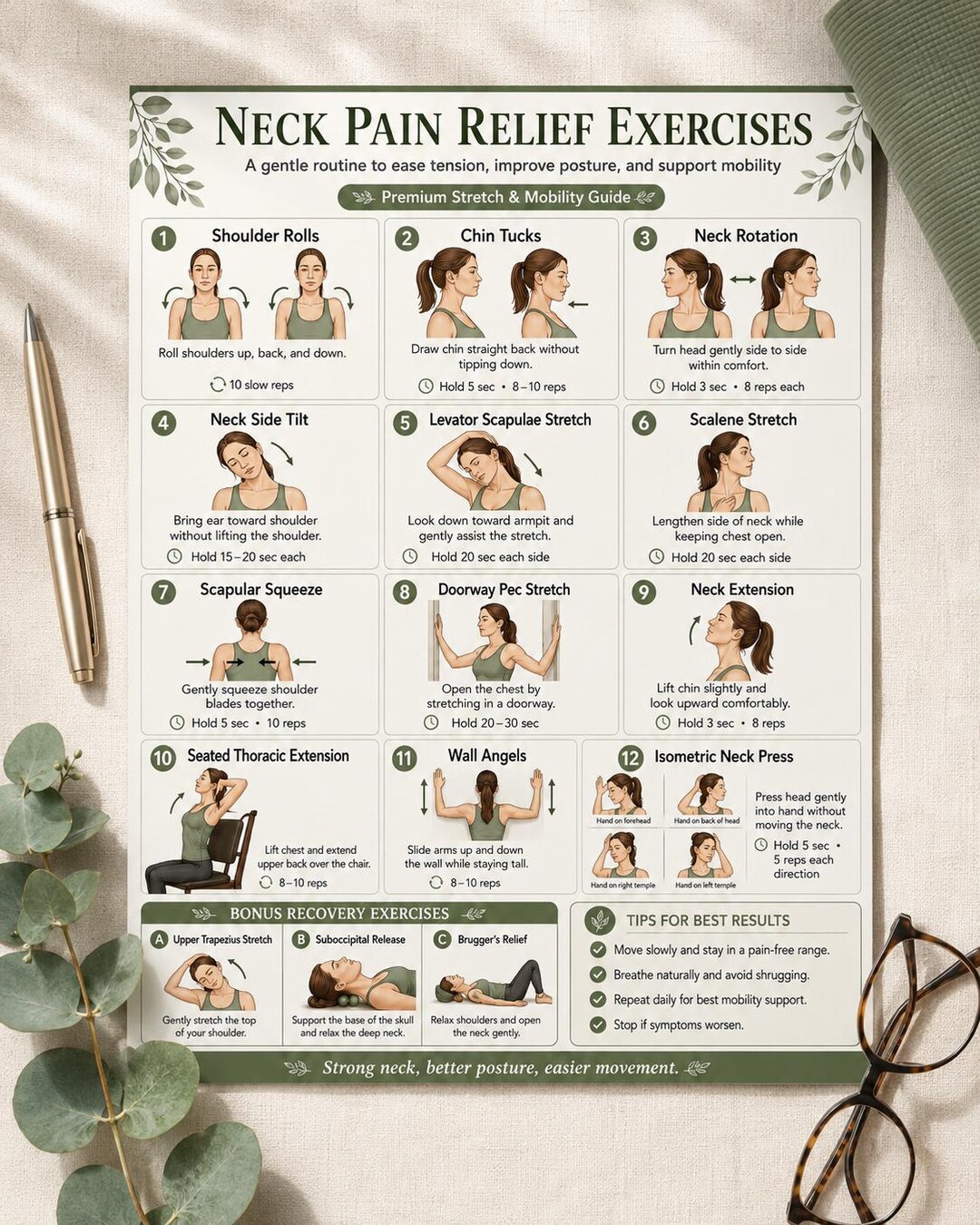 Neck Pain Relief Exercises, 15 Stretches, Posture Guide (PDF Download