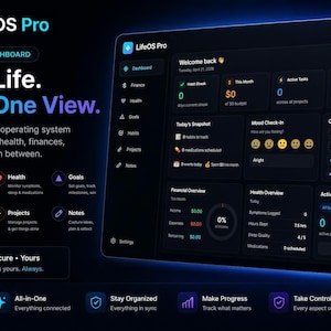 Puede incluir: Interfaz digital azul oscuro para LifeOS Pro, un panel de control todo en uno. La pantalla muestra datos de seguimiento financiero, de salud y de proyectos. El texto incluye "Your Life. All in One View."