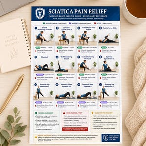 May include: A printed exercise guide titled "Sciatica Pain Relief" with illustrations of stretches. The guide includes instructions for gentle, moderate, and active intensity exercises. A notepad, pen, and a cup of tea are in the background.