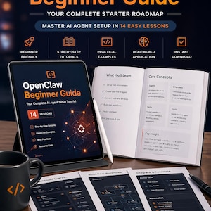 Può includere: Una pubblicità per la Guida per principianti di OpenClaw, un tutorial sull'impostazione di agenti AI. L'immagine presenta un tablet, un libro aperto e una tazza di caffè. La guida promette 14 lezioni, tutorial passo passo ed esempi pratici.