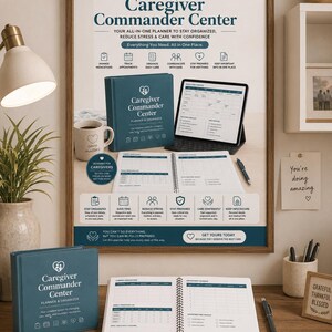 Könnte beinhalten: Ein tealfarbenes "Caregiver Commander Center" Planer- und gerahmtes Druck-Set. Der Druck enthält Symbole und Text zur Organisation der Pflege. Eine Tasse und ein offener Planer liegen auf einem Schreibtisch. Der Planer hilft Betreuern.
