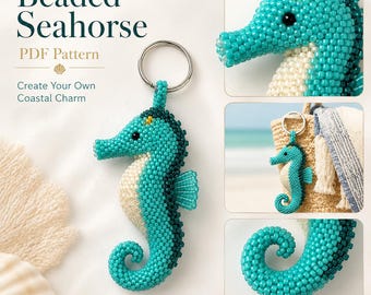 3D Beaded Seahorse Pattern PDF, Peyote Stitch Keychain Tutorial, Seed Bead Sea Animal Charm, Beadwork Guide