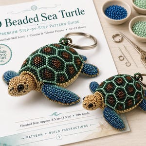 3D Beaded Sea Turtle Pattern, Seed Bead Keychain Tutorial (PDF)