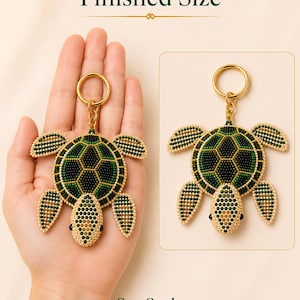 May include: A turtle-shaped keychain crafted from small beads in shades of dark green, black, and cream. The turtle features a gold-toned metal ring and chain attachment. The text "Finished Size" and "See Scale" is printed on the image.