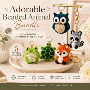 May include: A set of five beaded animal keychains featuring an owl, a raccoon, a frog, a turtle, and a fox. The charms are crafted from small beads and include metal lobster clasps and rings. Text on the image reads Adorable Beaded Animal Bundle.