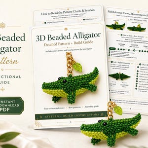 May include: A 3D beaded alligator pattern instructional guide in PDF format. The guide features text titled 3D Beaded Alligator Detailed Pattern + Build Guide, accompanied by images of a small green beaded alligator keychain with a gold chain.