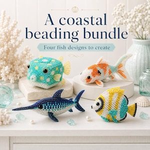 Beaded Fish Tutorial Bundle, 4 Seed Bead Patterns, Boxfish Koi Swordfish Butterflyfish, 3D Beading Guides