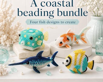 Beaded Fish Tutorial Bundle, 4 Seed Bead Patterns, Boxfish Koi Swordfish Butterflyfish, 3D Beading Guides