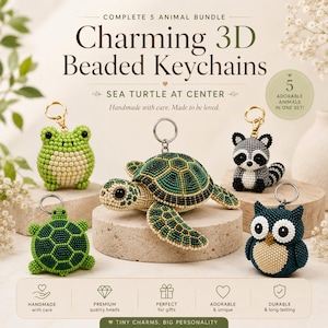 May include: A set of five 3D beaded keychains featuring a green frog, a sea turtle, a small turtle, a raccoon, and an owl. The text reads: COMPLETE 5 ANIMAL BUNDLE, Charming 3D Beaded Keychains, SEA TURTLE AT CENTER, Handmade with care. Made to be loved.
