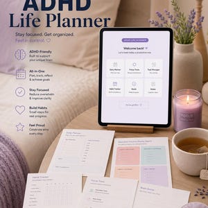 May include: An ADHD Life Planner, featuring a tablet showing the app interface, alongside printed worksheets, a candle, and a cup of tea. The planner is designed to aid focus and organisation.