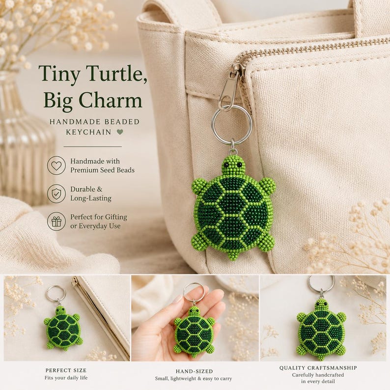 May include: A beaded turtle keychain featuring a green and dark green seed bead shell pattern attached to a silver metal ring. The text on the image reads Tiny Turtle, Big Charm, Handmade Beaded Keychain, Handmade with Premium Seed Beads, Durable & Long-Lasting, Perfect for Gifting or Everyday Use, Perfect Size, Hand-Sized, and Quality Craftsmanship.