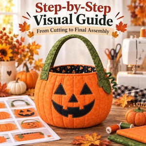 Może przedstawiać: Pikowany koszyk z tkaniny w kształcie dyni z czarną twarzą jack-o'-lantern, zieloną rączką we wzory oraz czarną podszewką z nadrukiem cukierków kukurydzianych. Widoczny jest tekst Step-by-Step Visual Guide From Cutting to Final Assembly.