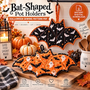 Puede incluir: Dos agarradores de cocina con forma de murciélago y patrones de tela con temática de Halloween. Uno tiene fondo negro con murciélagos y estrellas blancas, mientras que el otro tiene fondo naranja con fantasmas blancos y murciélagos negros.