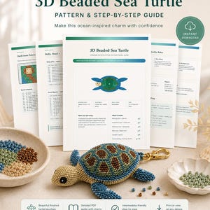 May include: A digital download bundle for a 3D beaded sea turtle pattern and step-by-step guide. The image displays printed instructional pages, a finished beaded turtle keychain with a gold clasp, and small bowls of colorful seed beads.