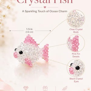May include: A crystal fish figurine measuring 3.8 cm in length. The fish features a clear crystal body, pink crystal fins, and black crystal eyes. Text on the image includes Crystal Fish, A Sparkling Touch of Ocean Charm, and labels for the body, fins, and eyes.