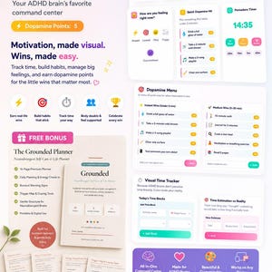 Pode incluir: Um planejador digital chamado "Dopamine Dashboard" com foco no autocuidado para TDAH. O design inclui um centro de comando, um rastreador visual de tempo e um menu de dopamina. O esquema de cores é principalmente branco, roxo e amarelo.