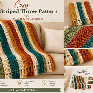 May include: A crochet throw blanket featuring vertical stripes in mustard yellow, teal, rust orange, and cream. The blanket has a textured stitch pattern and is finished with cream-coloured tassels along the bottom edge. The text reads Cozy Striped Throw Pattern.