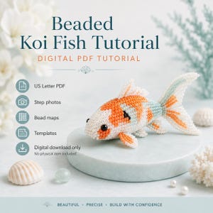 May include: A digital PDF tutorial for a beaded koi fish featuring text that reads Beaded Koi Fish Tutorial, Digital PDF Tutorial, US Letter PDF, Step photos, Bead maps, Templates, Digital download only, No physical item included, Beautiful, Precise, Build with confidence.