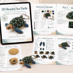 May include: A digital tablet and printed pages displaying a 3D Beaded Sea Turtle pattern guide. The instructions feature diagrams, bead colour charts, and step-by-step photos for creating a beaded turtle keychain with a finished size of 8.5 cm.